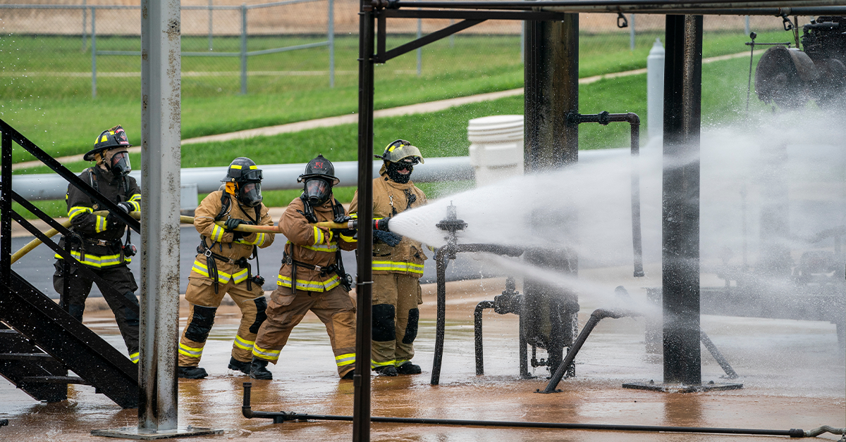 First responders participate in training simulation at the TEEX facility in College Station, TX.